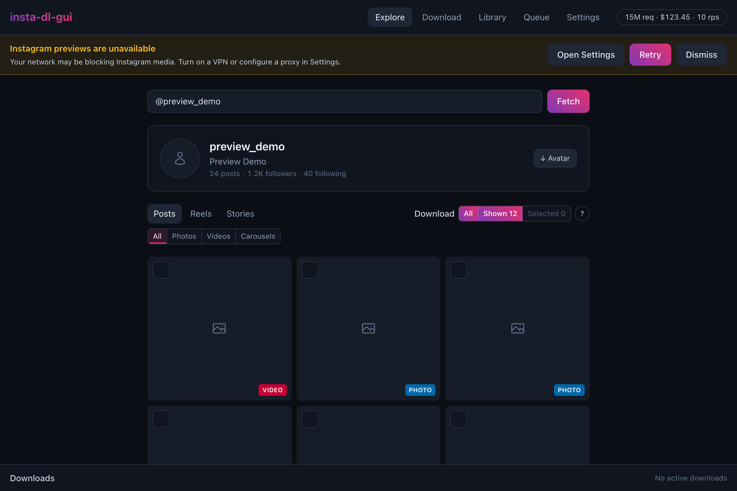 insta-dl-gui Explore with unavailable Instagram preview placeholders